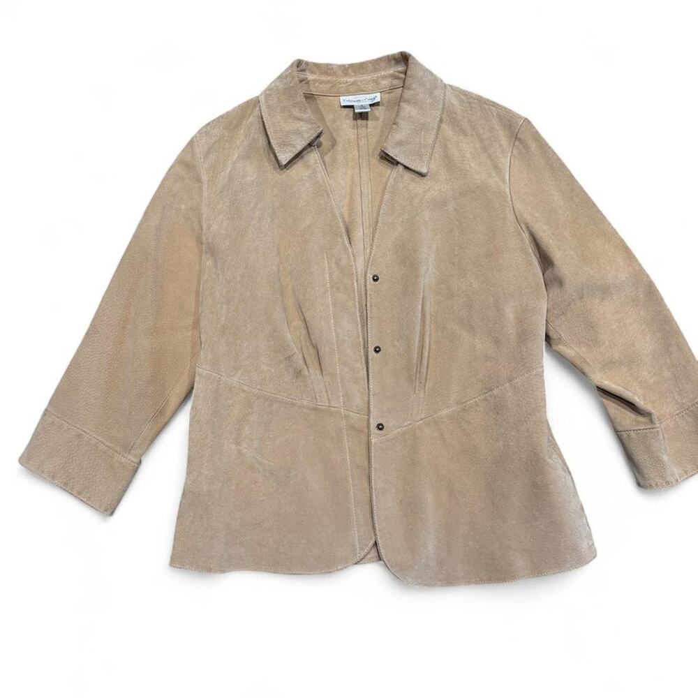 Tan leather faux suede blazer fitted jacket with 3/4 sleeves